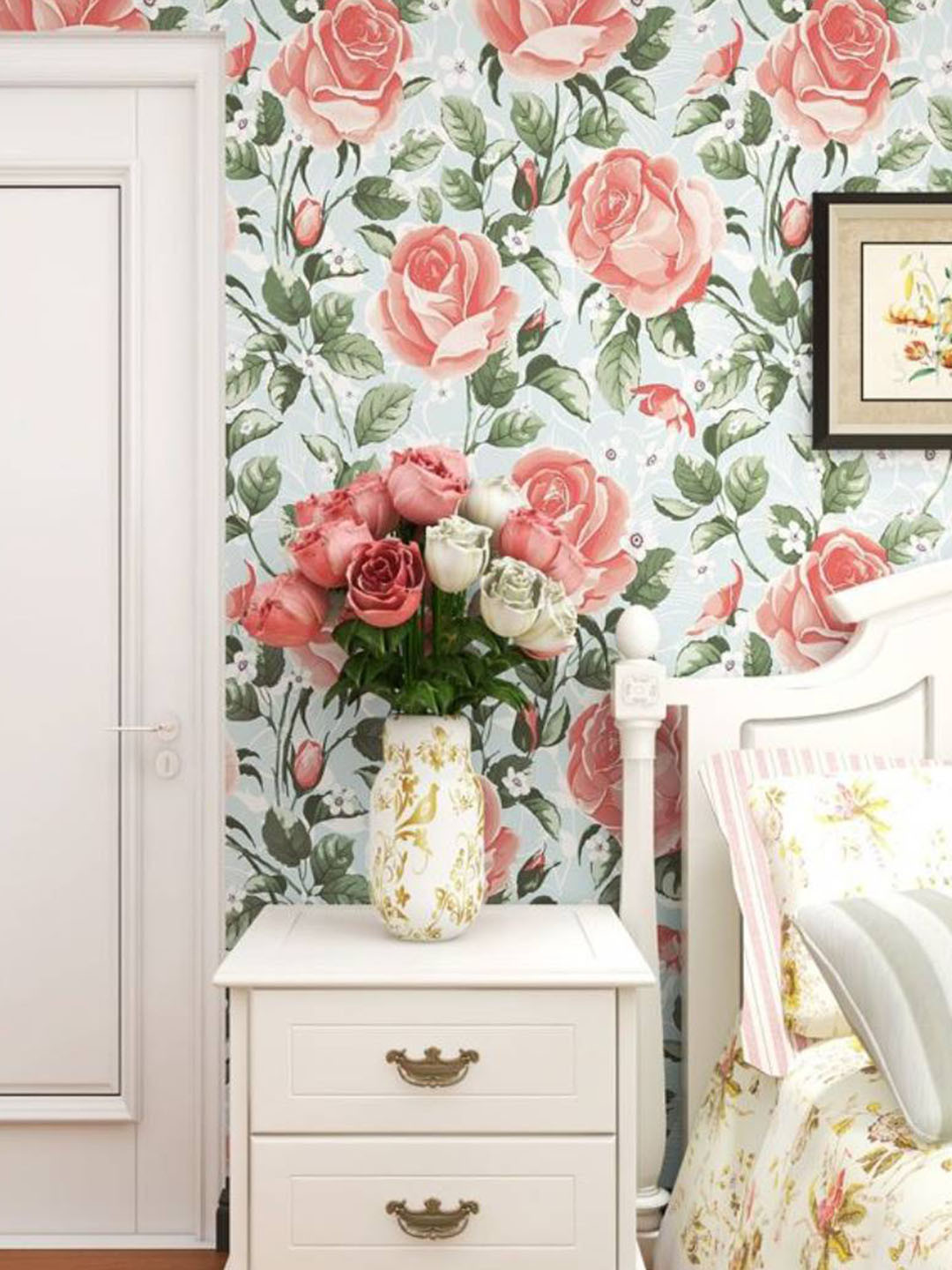 Jaamso Royals White & Pink Floral Pattern Self Adhesive Peel and Stick Wallpaper