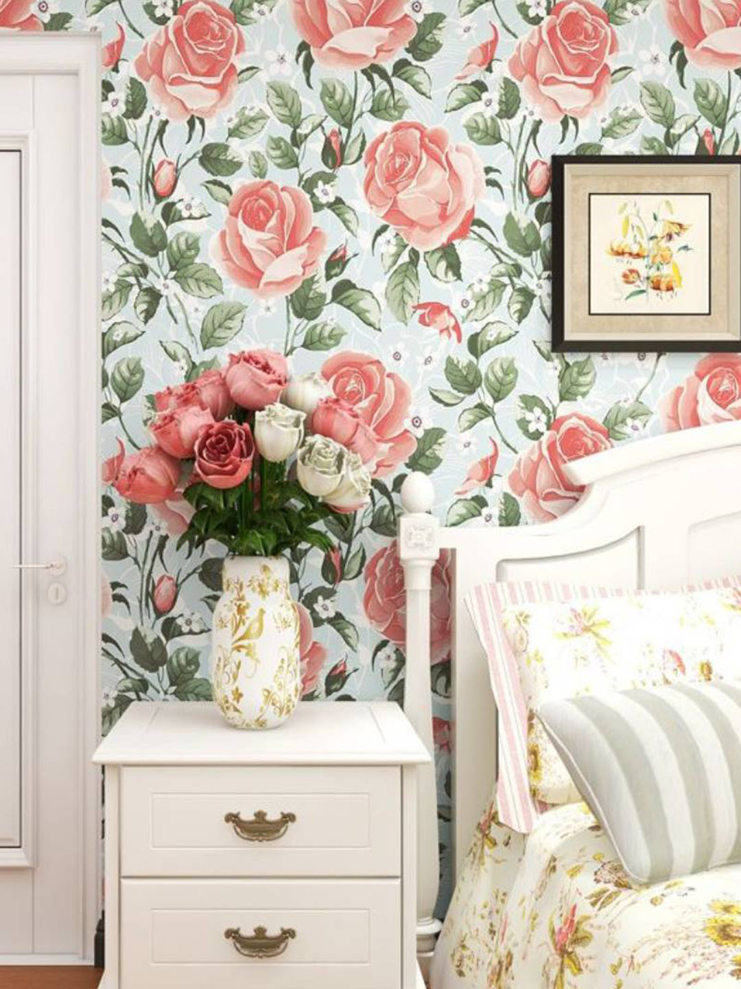 Jaamso Royals Blue & Pink Rose Design Vinyl Self Adhesive Wallpaper