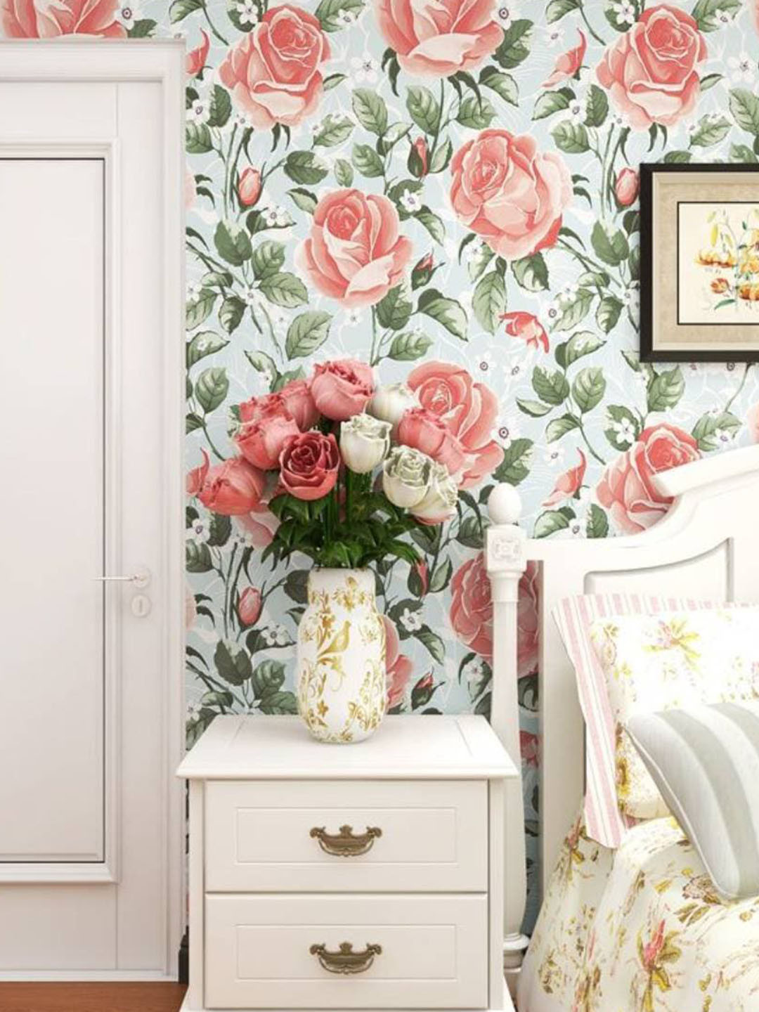 Jaamso Royals White & Pink Floral Pattern Self Adhesive Peel and Stick Wallpaper