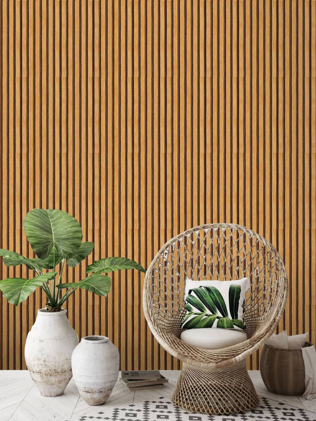 Jaamso Royals Beige & Brown Striped Wooden Pattern Peel and Stick Wallpaper