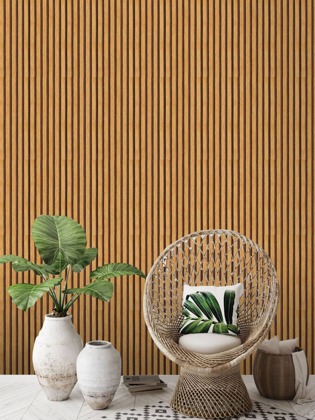 Jaamso Royals Beige & Brown Striped Wooden Pattern Peel and Stick Wallpaper