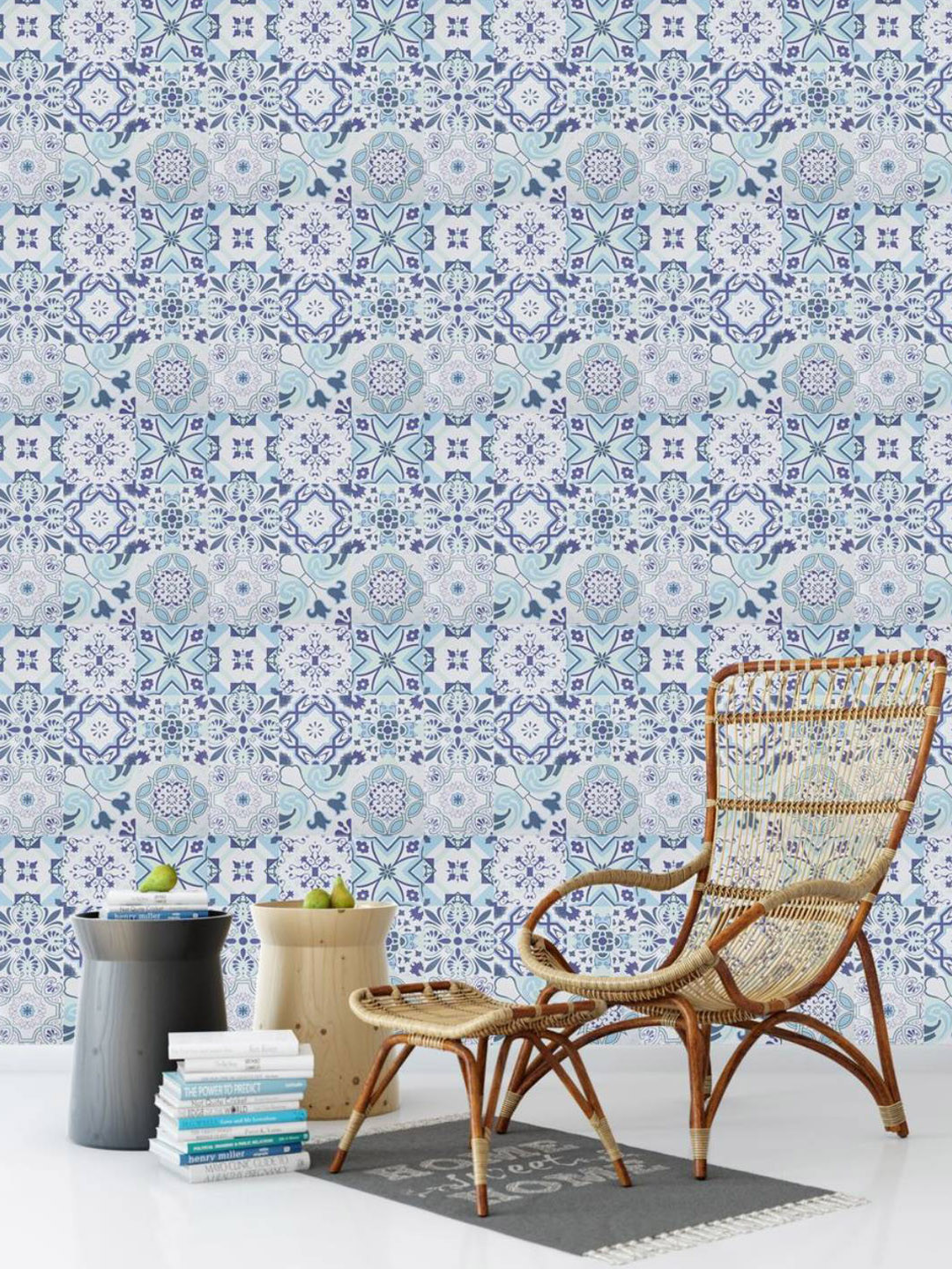 Jaamso Royals White & Blue Mosaic Tile Design Peel And Stick Wallpaper