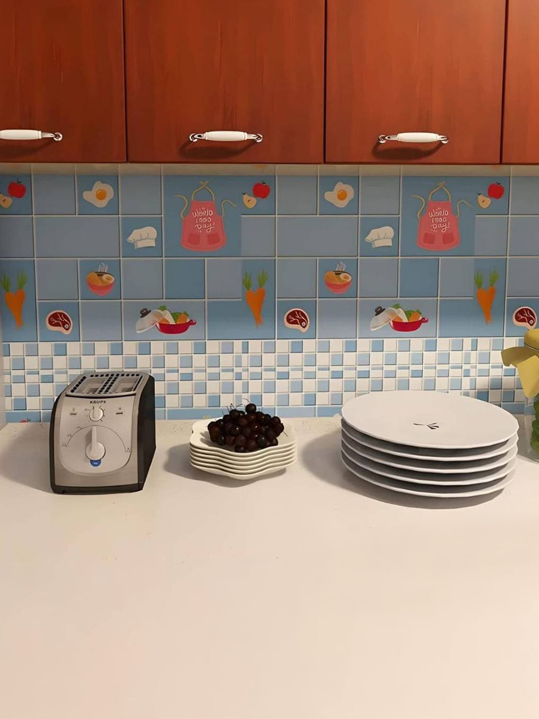 Jaamso Royals Blue & Orange Vegetable Tile Design Self Adhesive Wallpaper