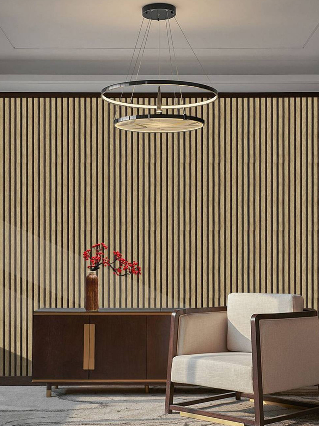 Jaamso Royals Beige & Black Striped Wooden Pattern Peel and Stick Wallpaper