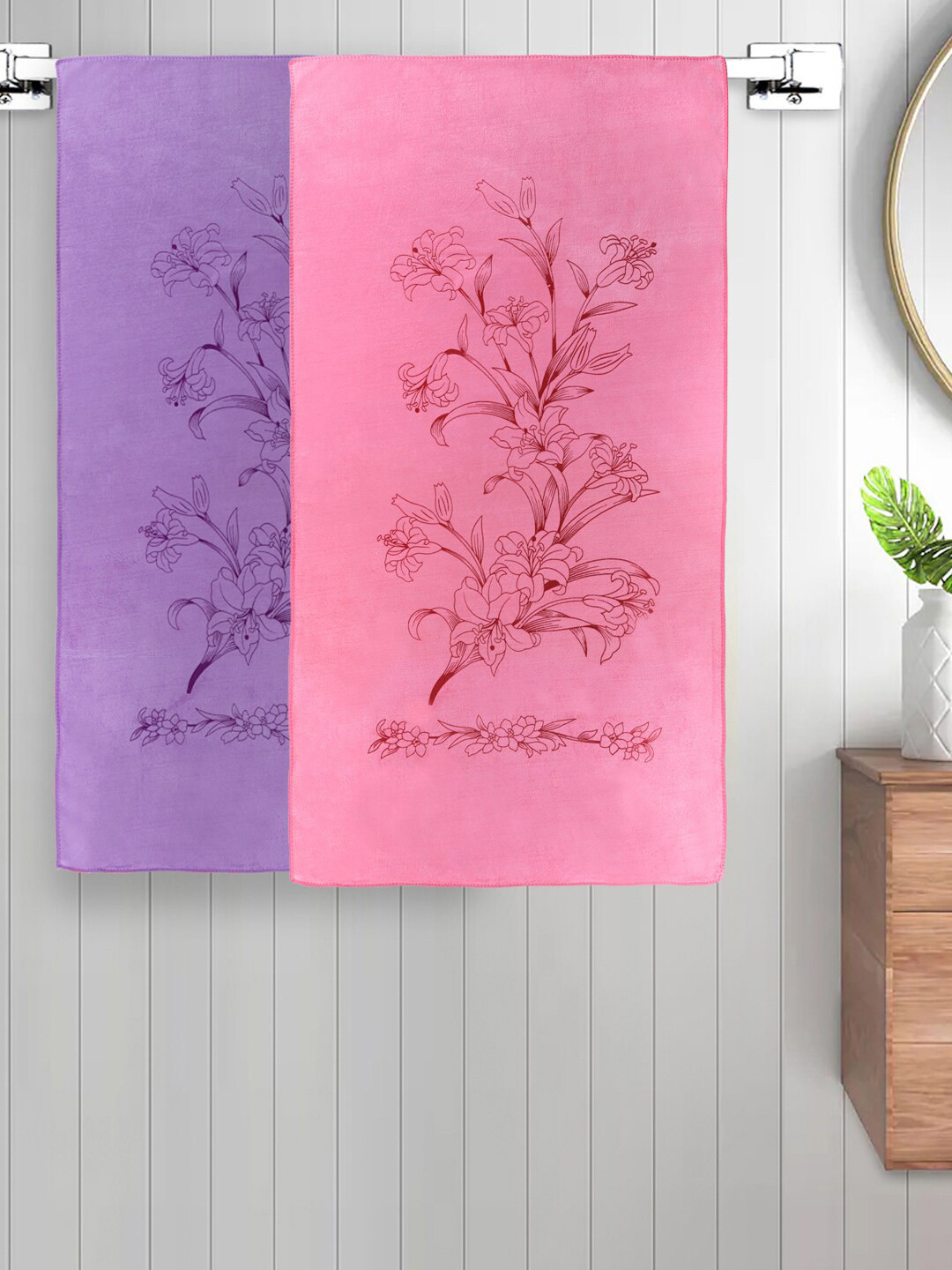 FABINALIV Set of 2 Purple & Pink Floral Printed 300 GSM Cotton Kids Bath Towels
