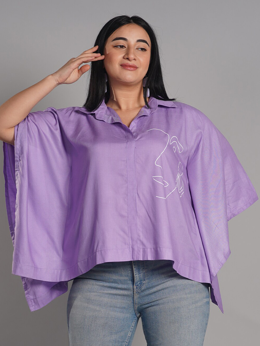LetsDressUp Graphic Printed Shirt Collar Kimono Sleeve Kaftan Top