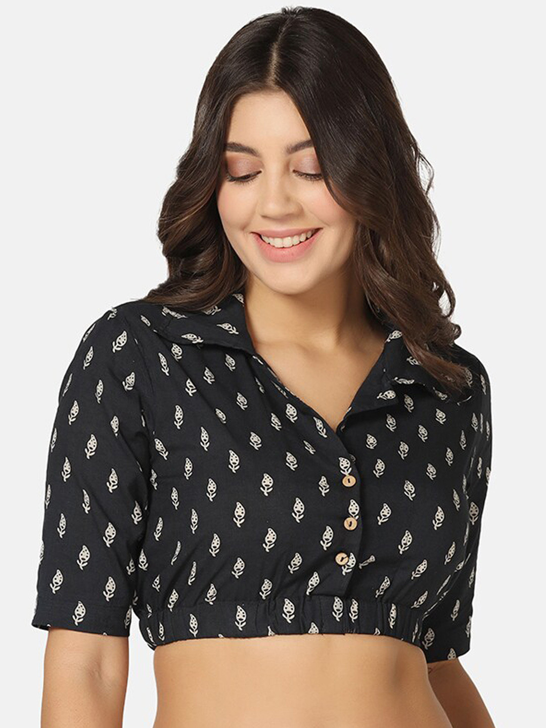 THE WEAVE TRAVELLER Printed Shirt Collar Cotton Saree Blouse