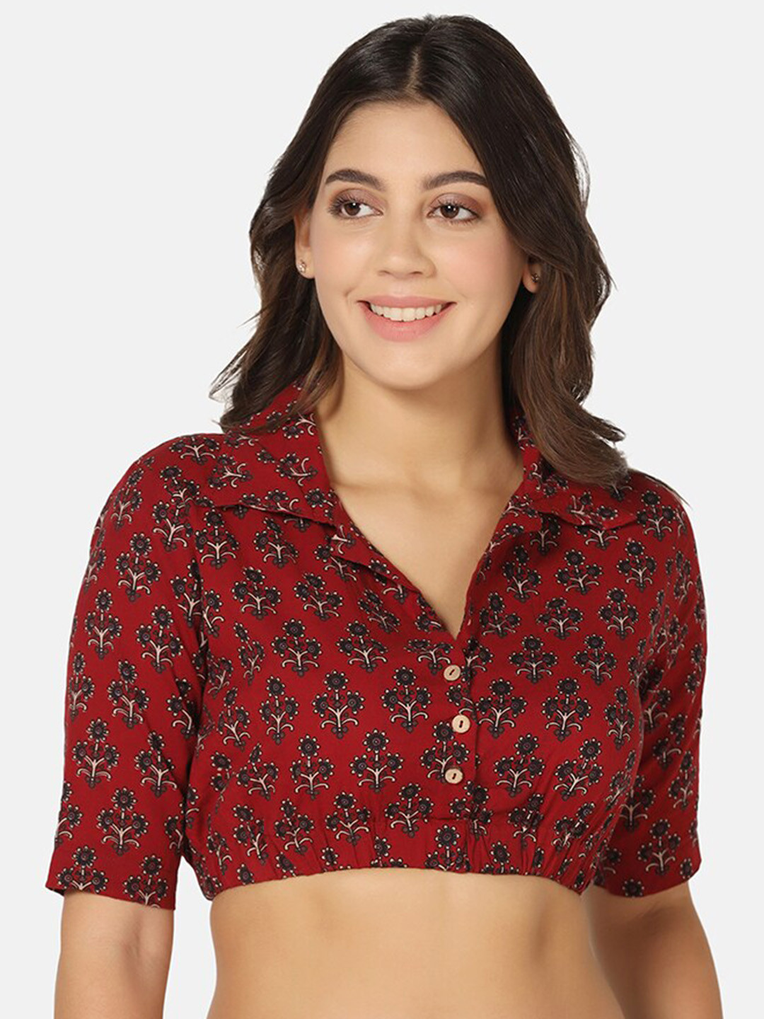 THE WEAVE TRAVELLER Ajrak Printed Cotton Shirt Collar Saree Blouse