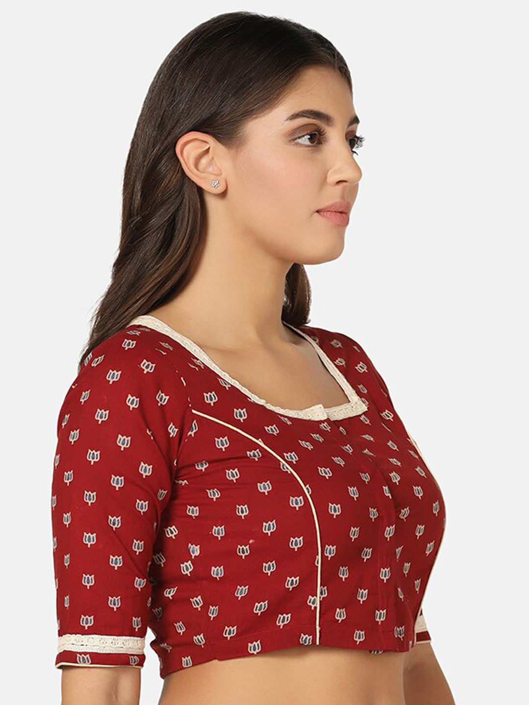 THE WEAVE TRAVELLER Floral Handblocked Printed Cotton Saree Blouse