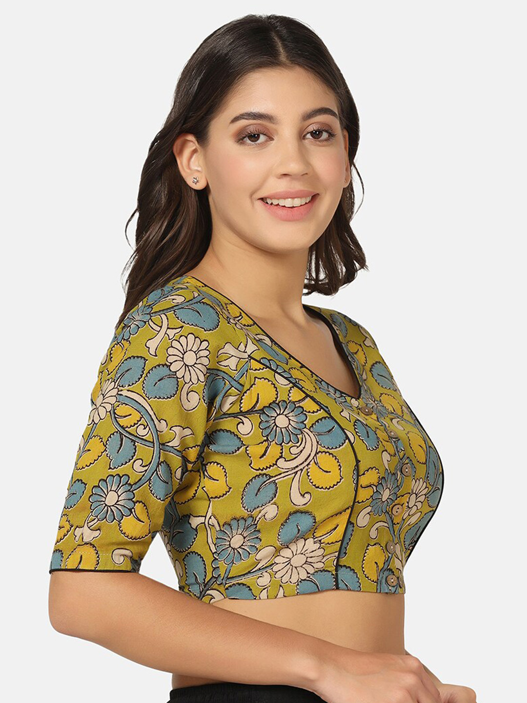 THE WEAVE TRAVELLER Floral Kalamkari Printed Cotton Saree Blouse