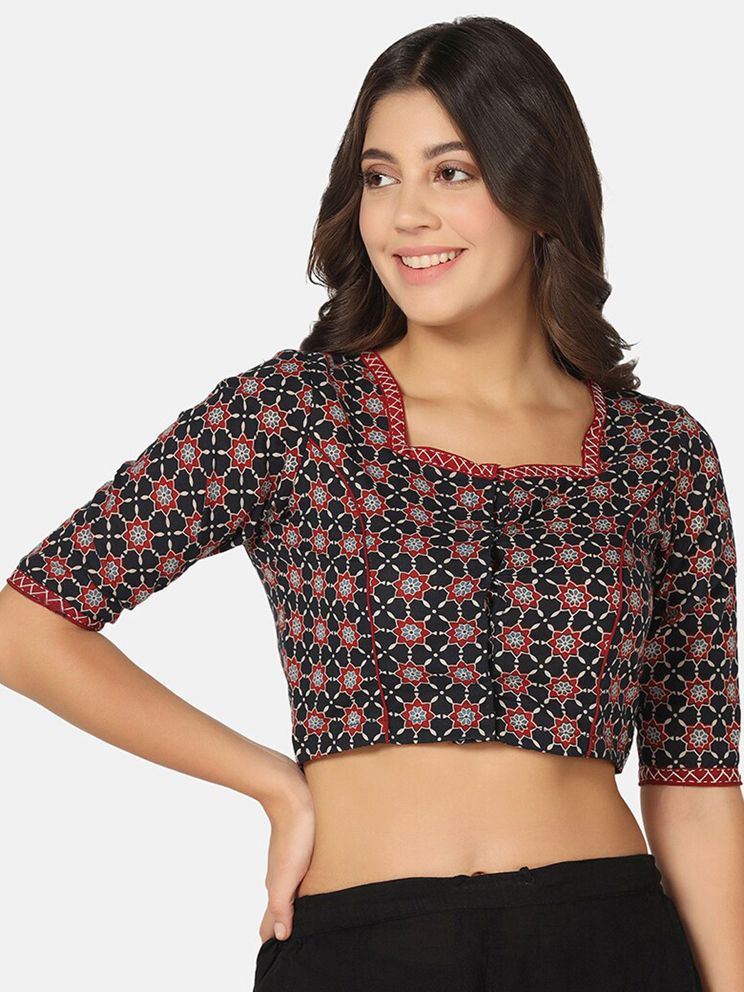 THE WEAVE TRAVELLER Printed Square Neck Cotton Saree Blouse