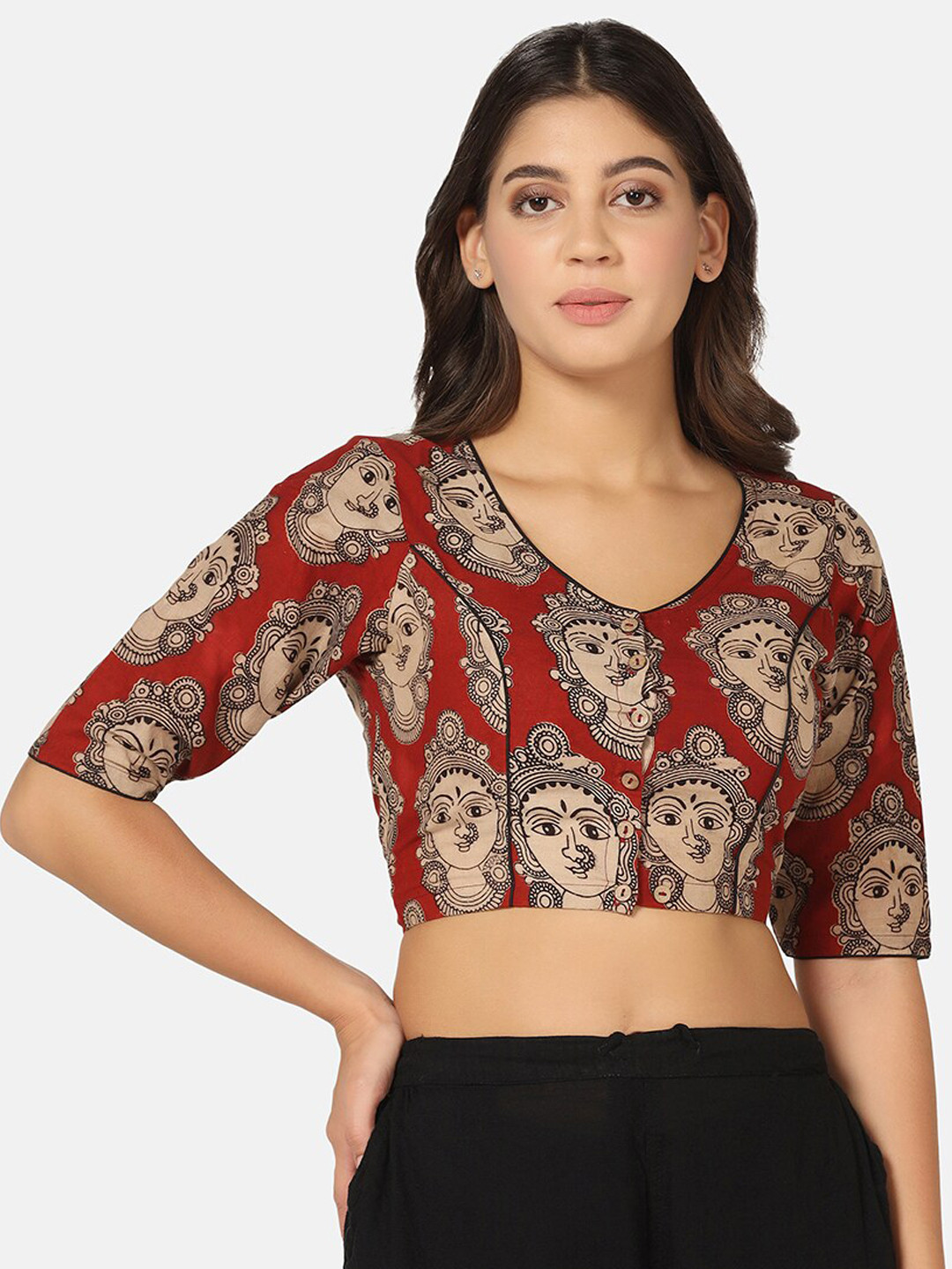 THE WEAVE TRAVELLER Kalamkari Printed V-Neck Cotton Saree Blouse