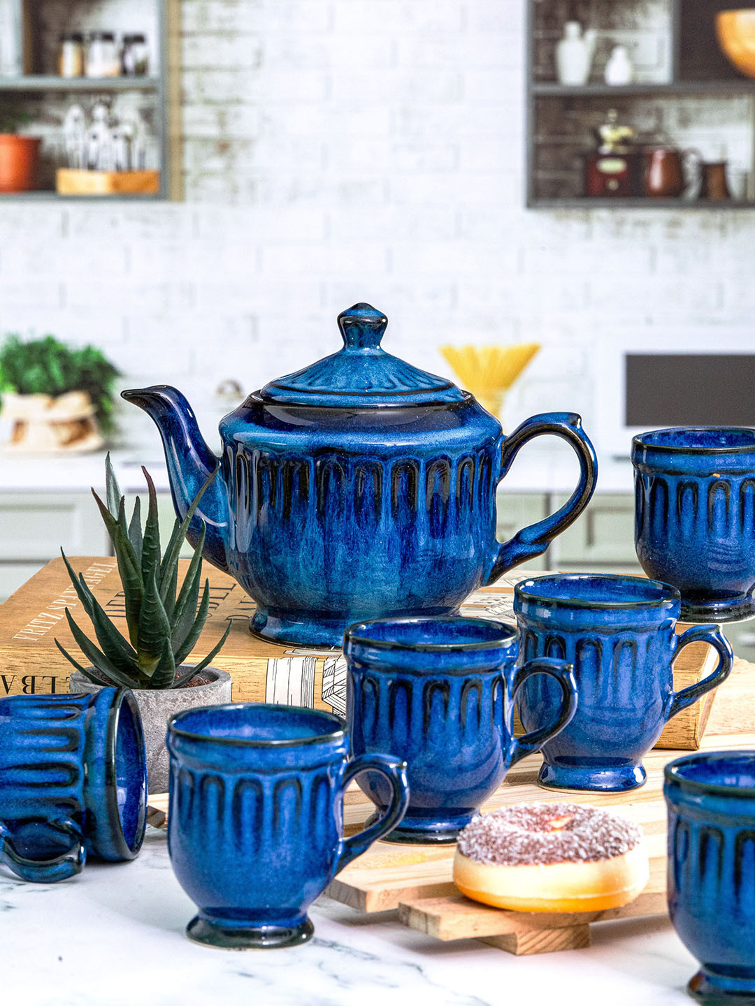 Roxx Blue 7 Pieces Floral Textured Stoneware Microwave Safe Glossy Kettle Set