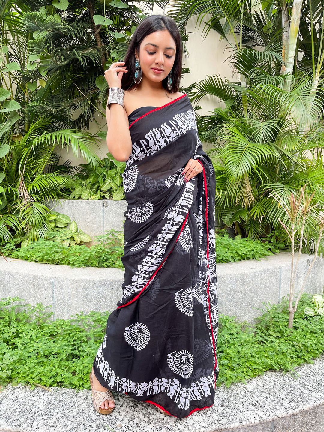 NIKHILAM Warli Pure Cotton Block Print Saree