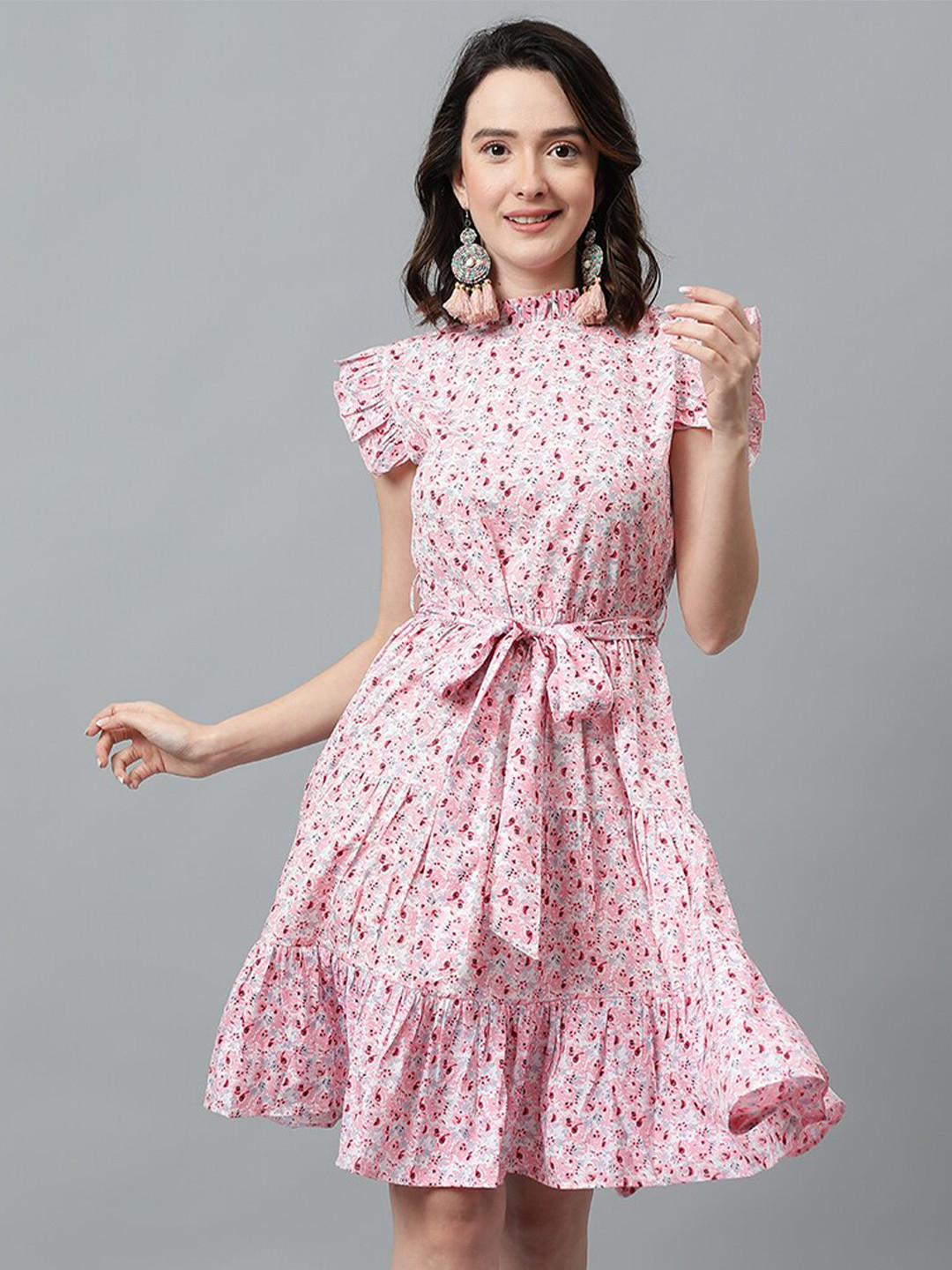 Kotty Pink & White Floral Printed High Neck Ruffled Fit & Flare Dress