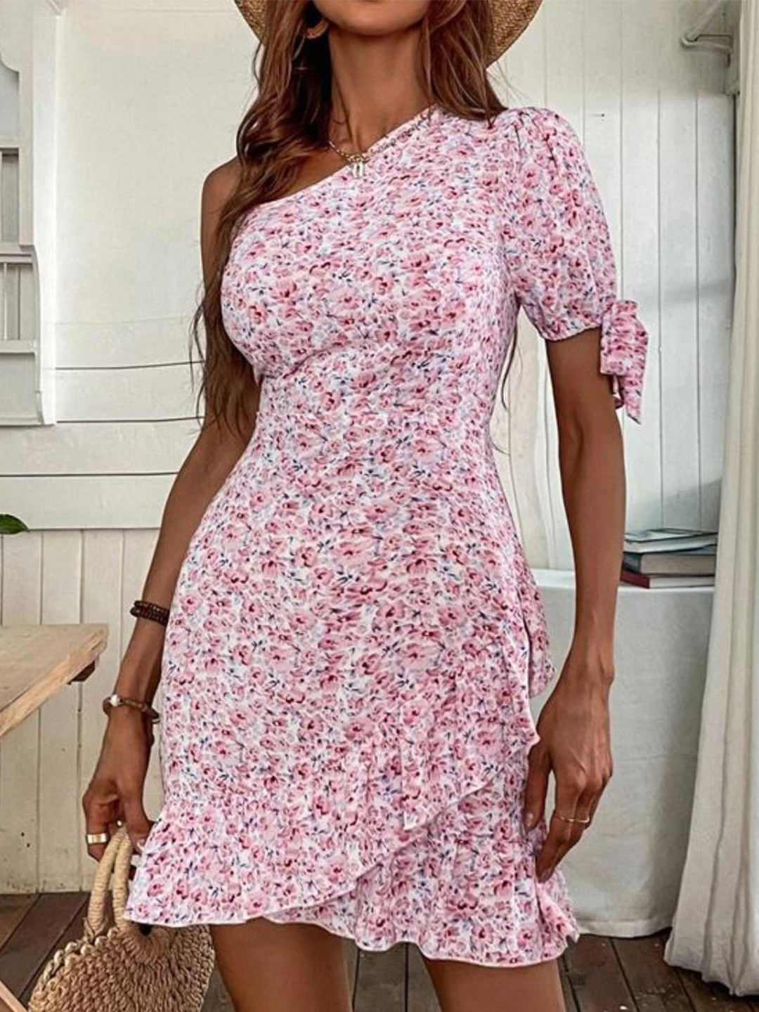 Kotty White & Pink Floral Printed One Shoulder Puffed Sleeve Ruffled Sheath Dress