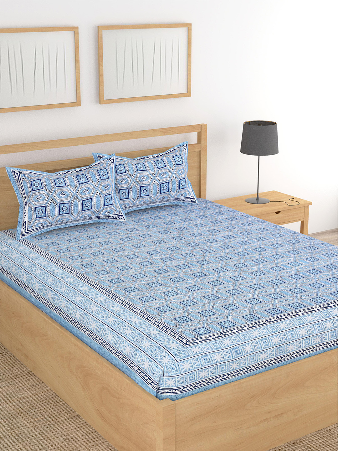 Lali Prints Jaipuri Blue Geometric Cotton 210 TC King Fine Bedsheet with 2 Pillow Covers-108 x 93 inches