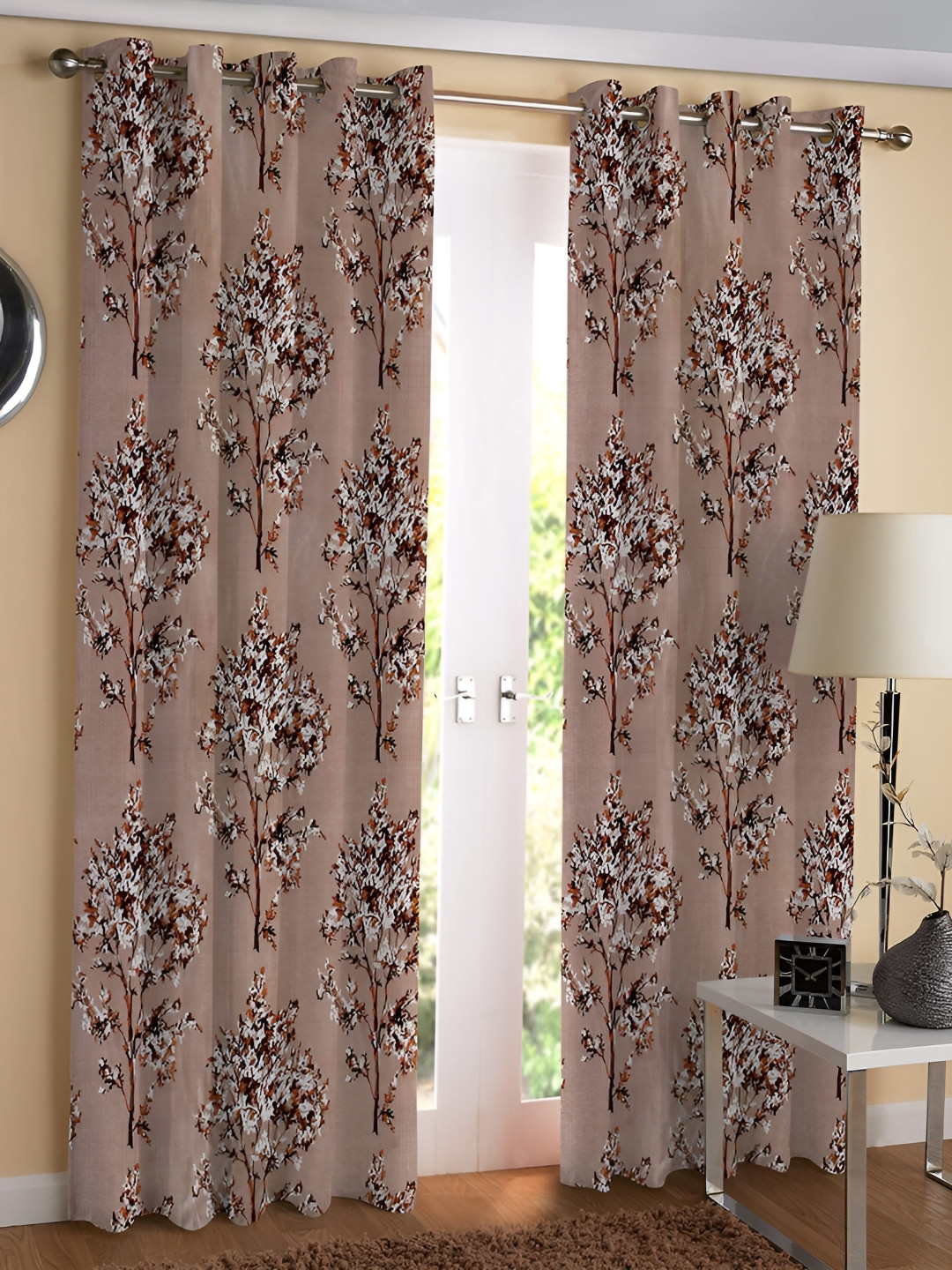 REYANSH DECOR Brown and White 2 Pieces Floral Door Curtains