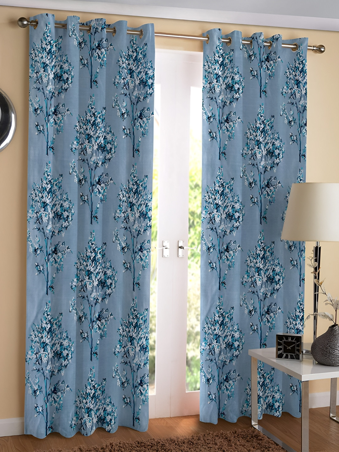 REYANSH DECOR Blue & Black 2 Pieces Floral Printed Door Curtains