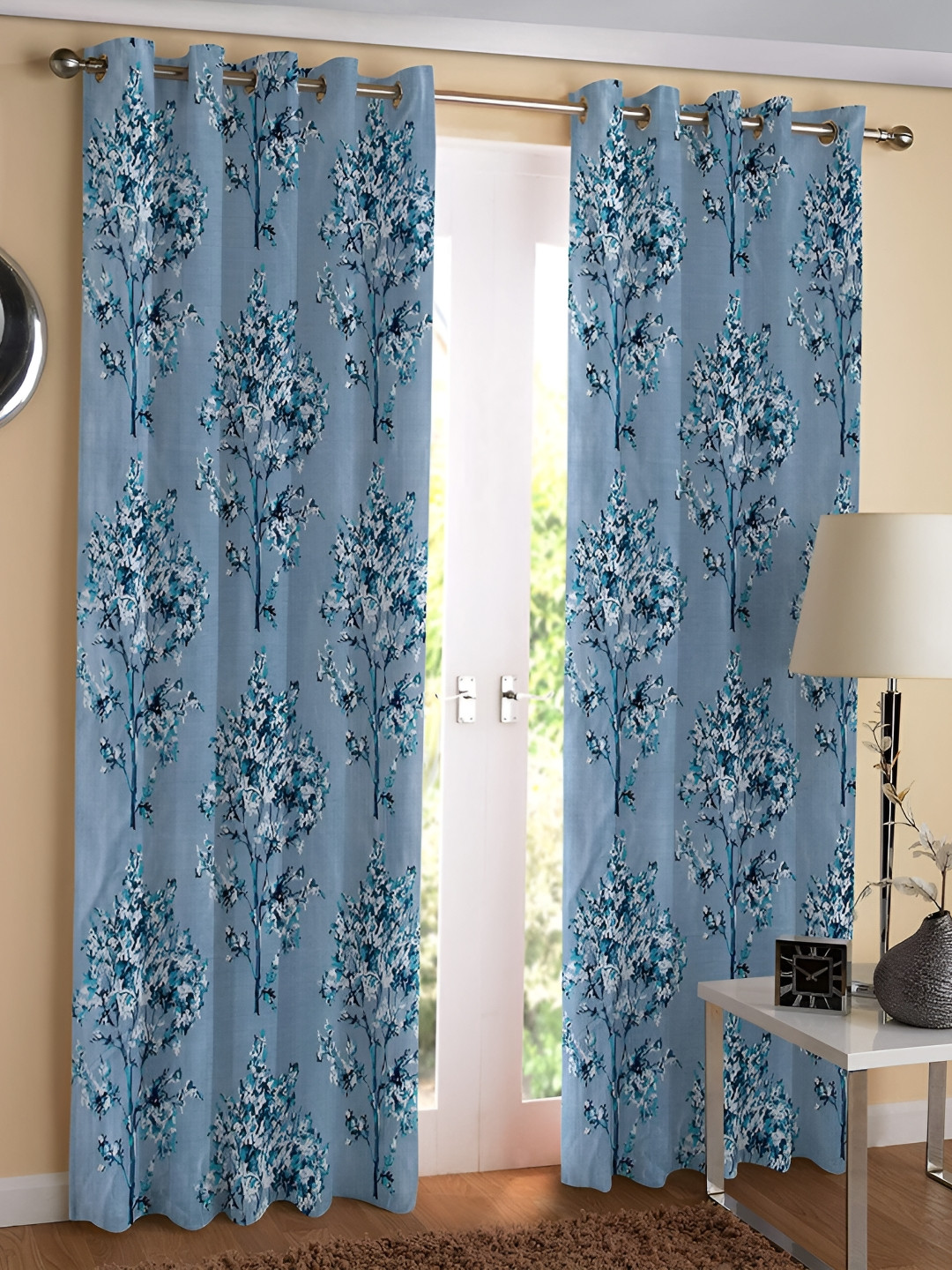 REYANSH DECOR Teal & Grey 2 Pieces Floral Printed Door Curtains