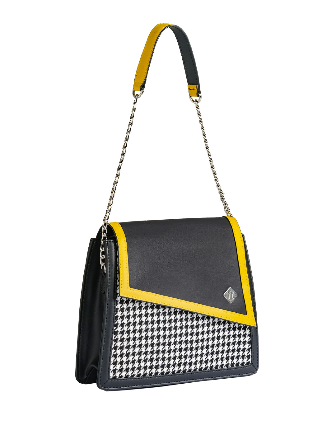 Diagonal Flap Houndstooth Pattern Shoulder Bag Black