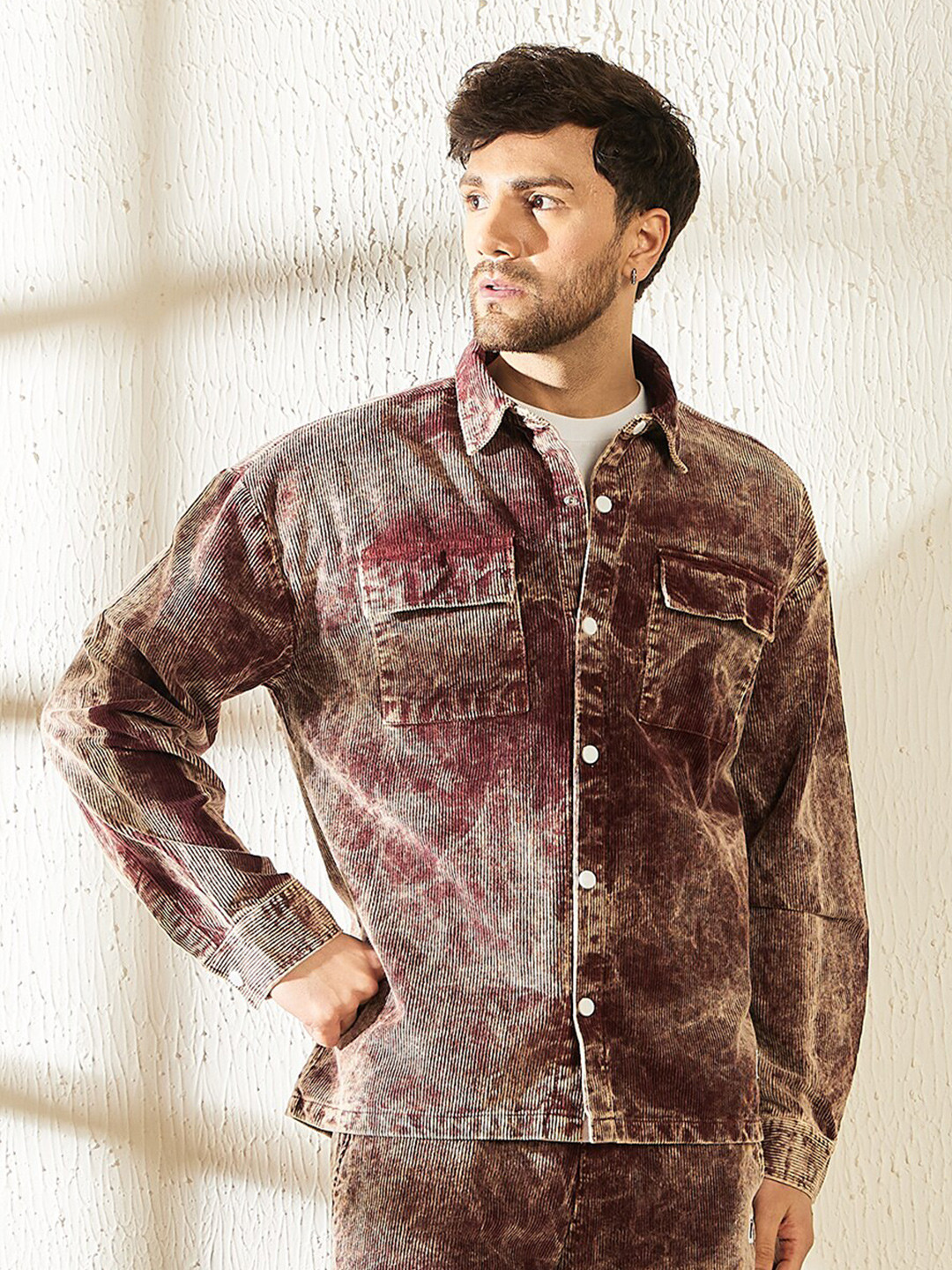 FUGAZEE Burgundy Relaxed Oversized Fit Abstract Printed Corduroy Weave Shacket