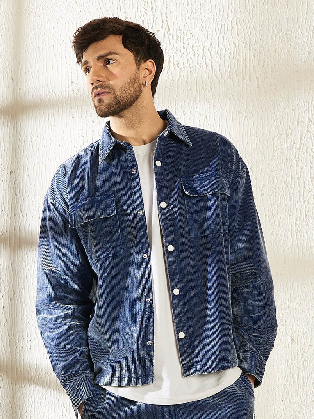 FUGAZEE Blue Oversized Fit Washed Corduroy Weave Cotton Shacket