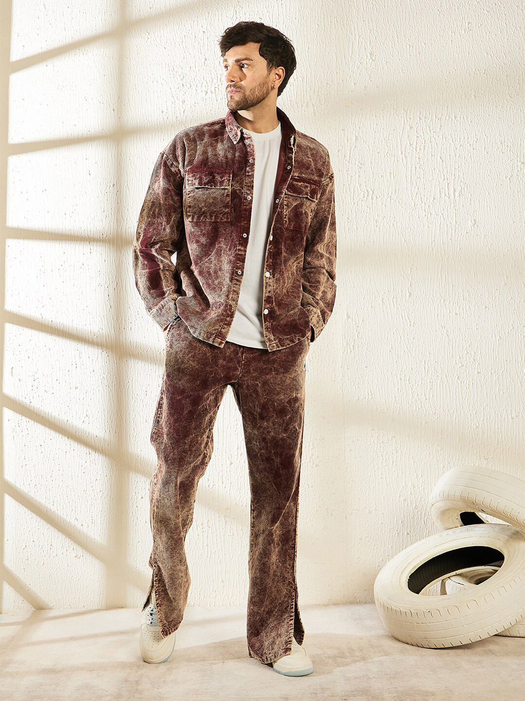 FUGAZEE Maroon & Beige Dyed Shirt Collar Shacket & Trackpant