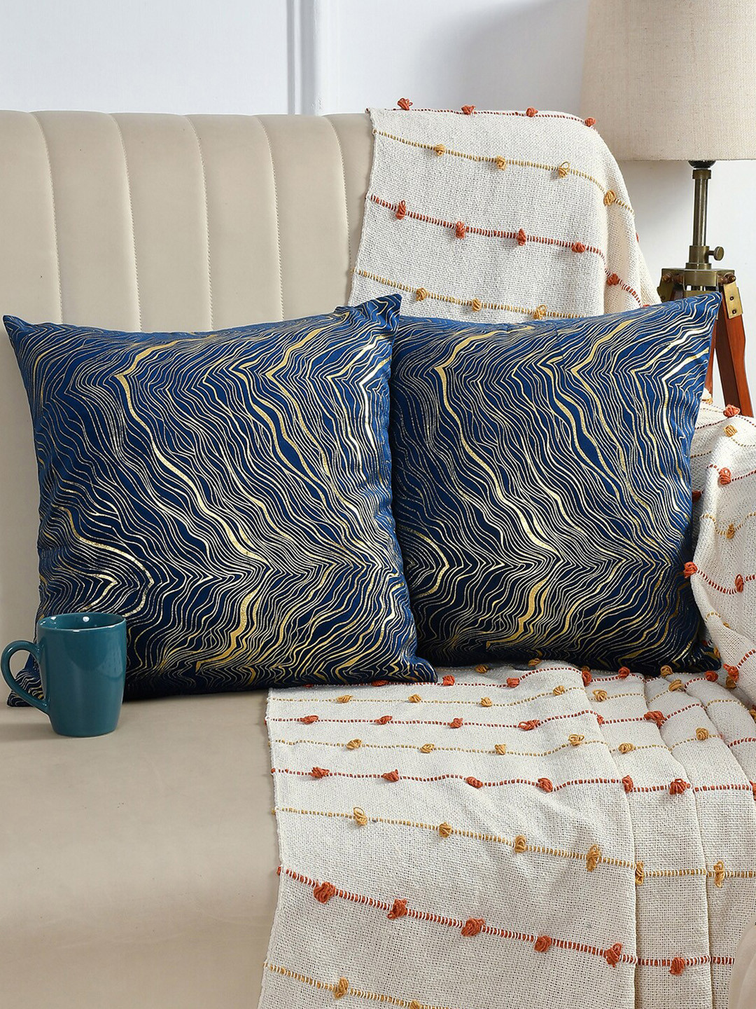 AEROHAVEN Blue Abstract Velvet Durable 2 Piece Square Cushion Covers -16x16In