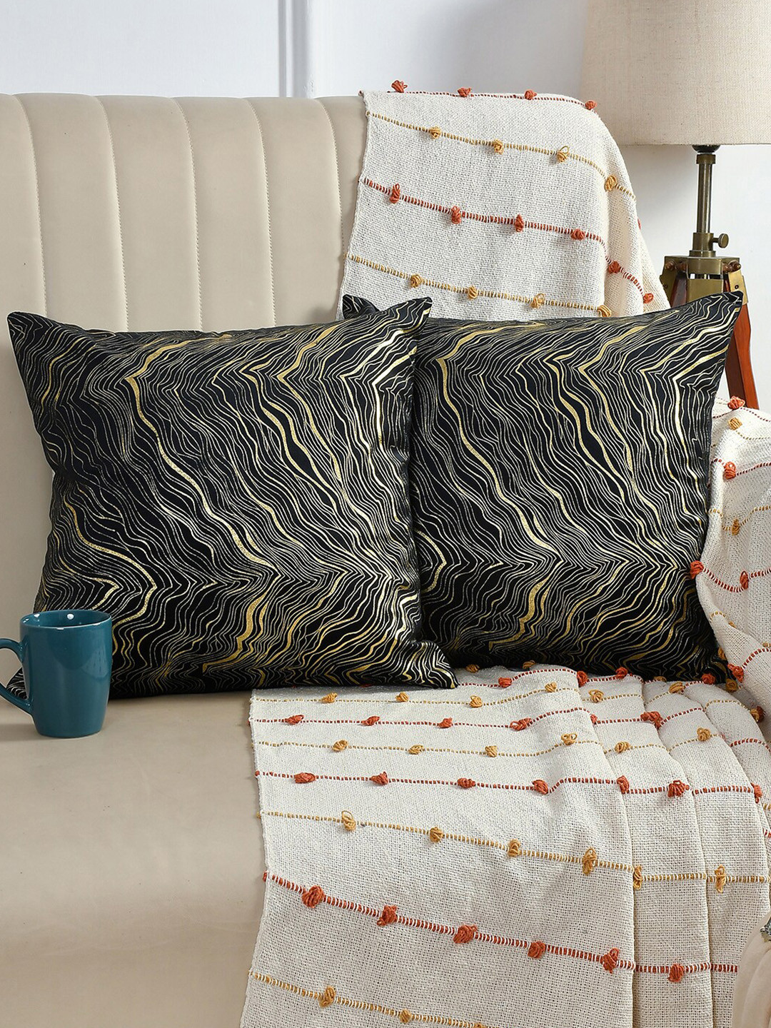 AEROHAVEN Foil Print Black Abstract Velvet Durable 2 Piece Square Cushion Covers -16x16In