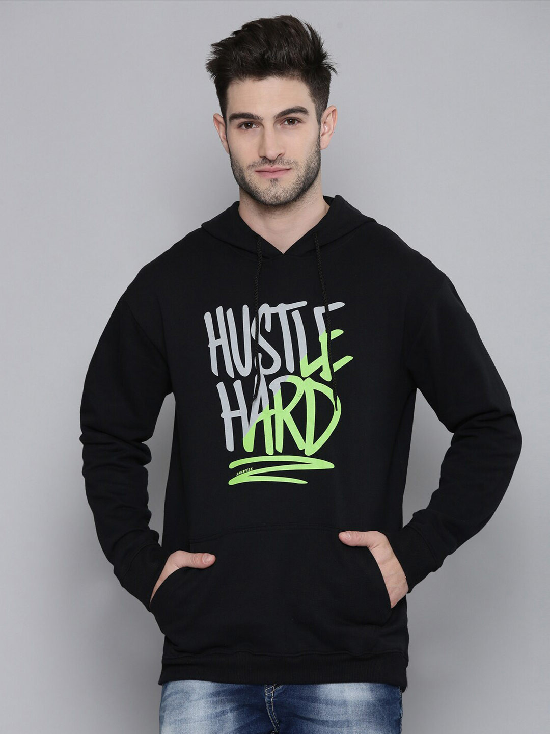 SMARTEES Typography Printed Hooded Pullover Fleece Sweatshirt