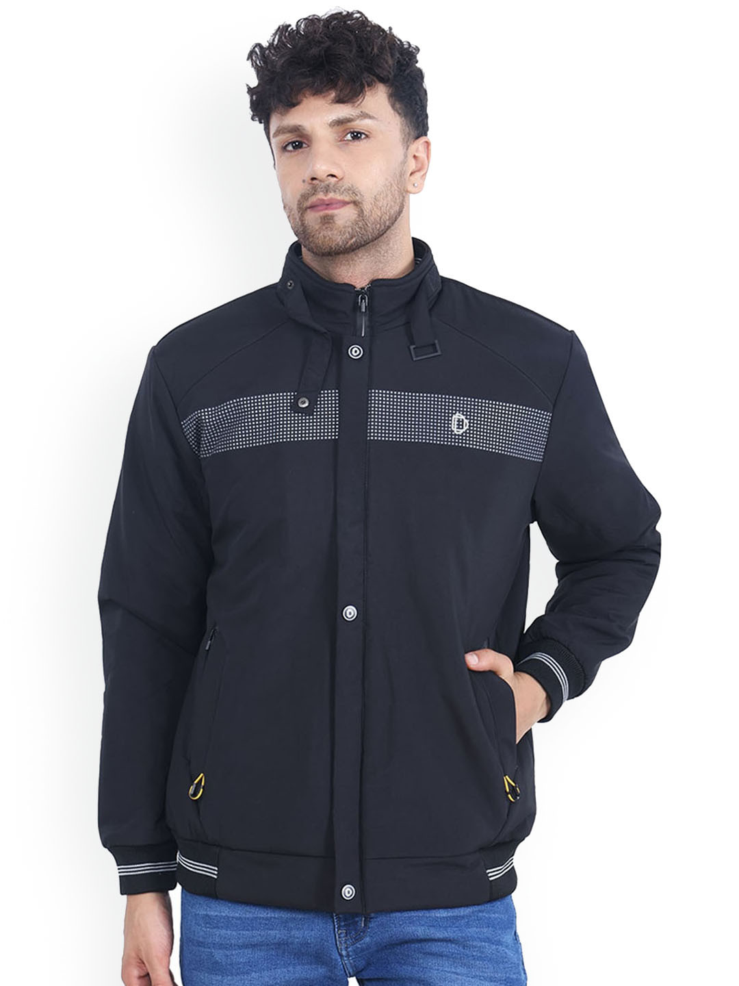 Dollar Socks Geometric Printed Mock Collar Water Resistant Bomber Jacket