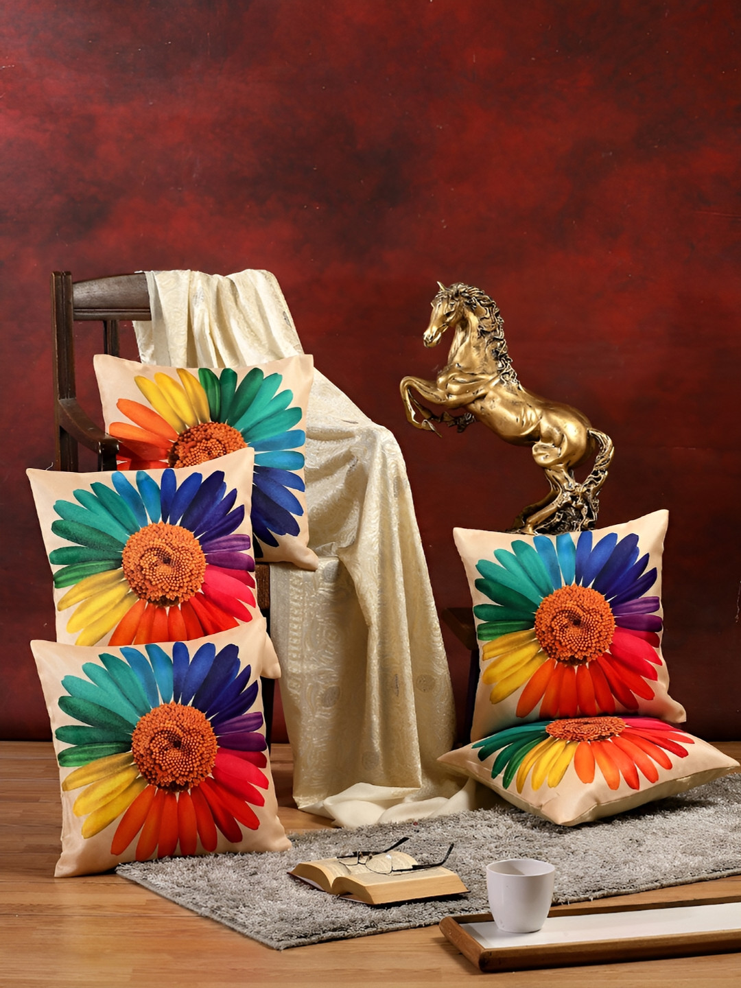 ERIC LONDON Cream & Blue 5 Pieces Floral Square Cushion Covers