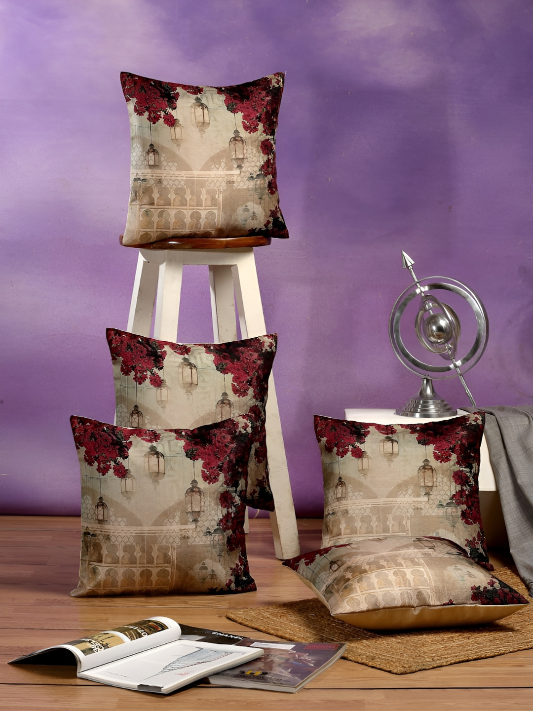 ERIC LONDON Cream & Maroon 5 Pieces Floral Square Cushion Covers