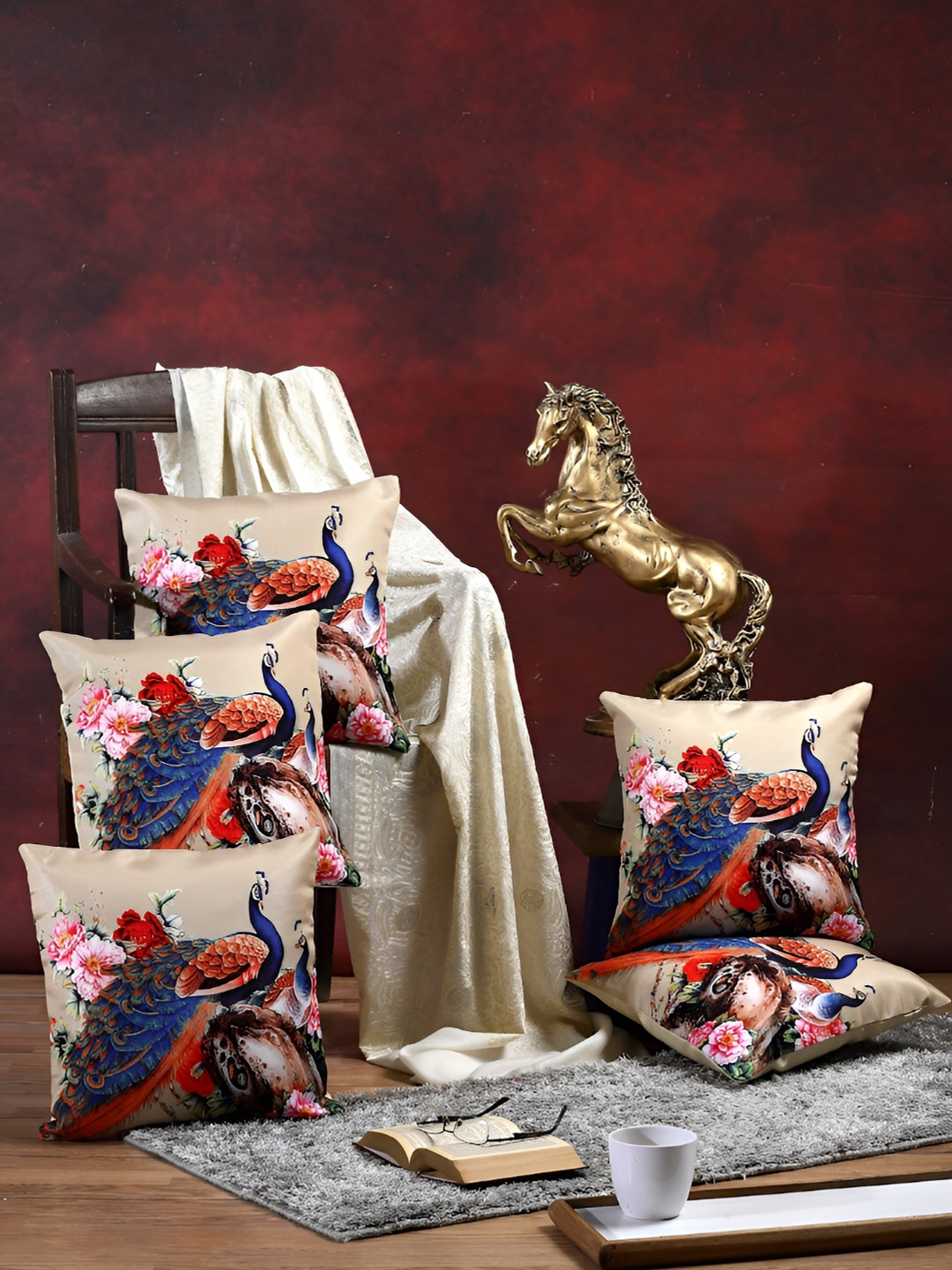 ERIC LONDON Cream & Blue 5 Pieces Square Cushion Covers
