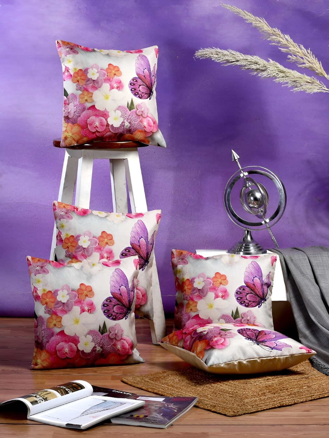 ERIC LONDON White & Purple 5 Pieces Printed Square Cushion Covers