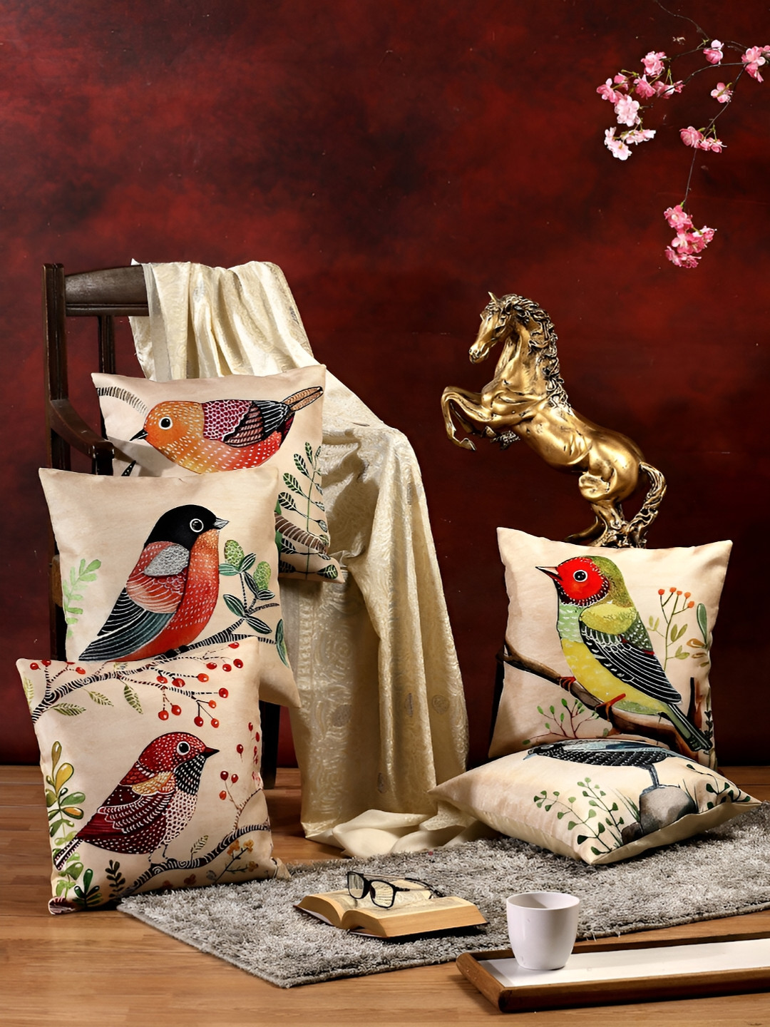 ERIC LONDON Ethnic Motifs Jute Cotton 5 Pcs Square Cushion Covers - 16 x 16 In