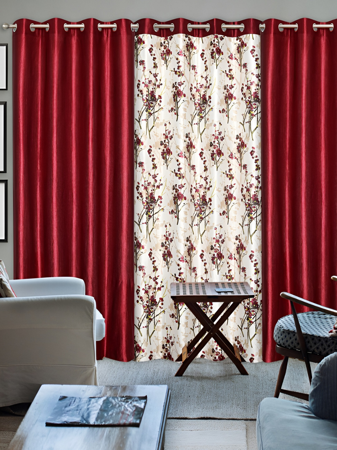 REYANSH DECOR Maroon & Off White 2 Pieces Floral Eyelet Long Door Curtain