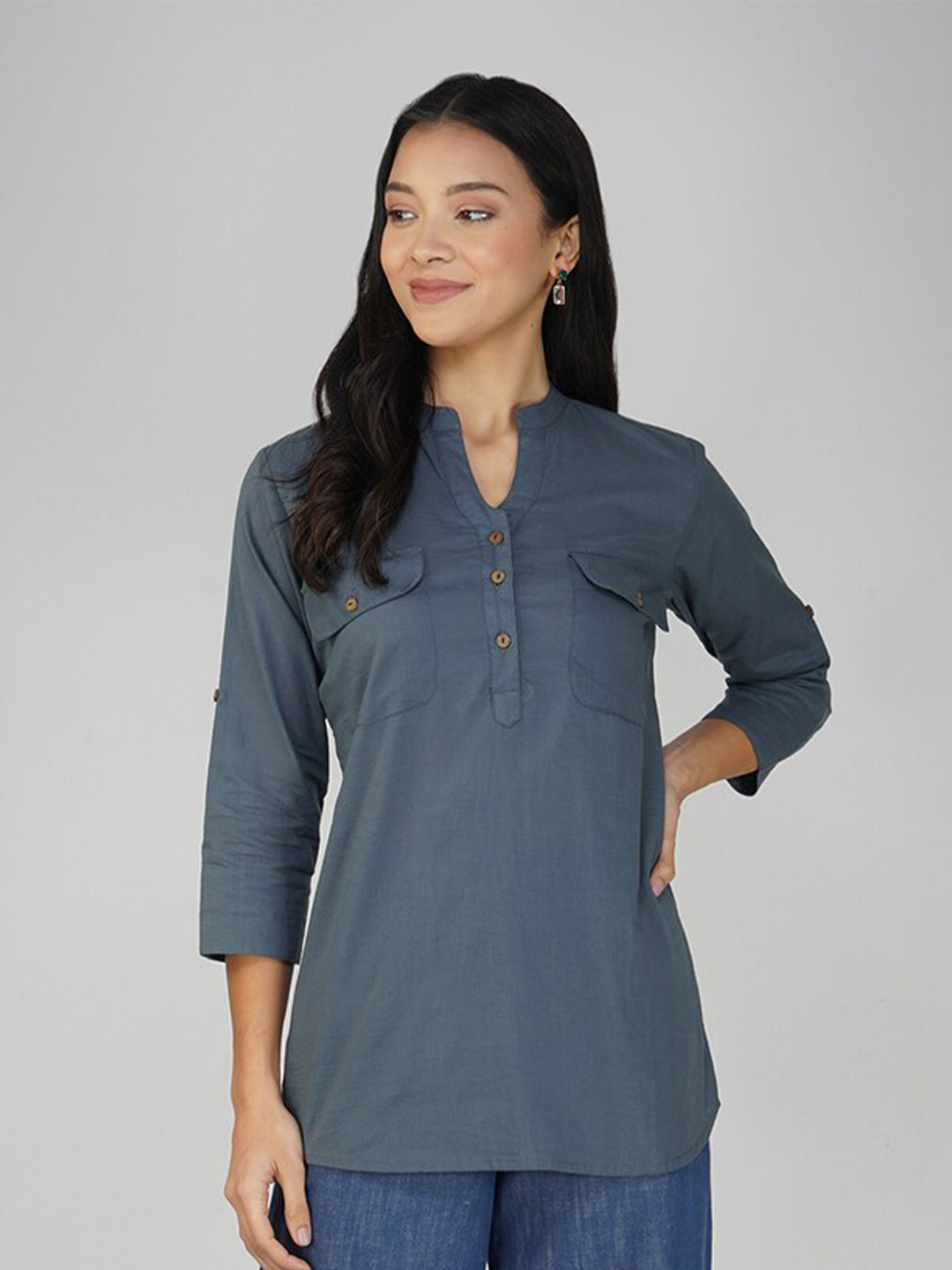 SPARSA Mandarin Collar Roll Up Sleeves Pure Cotton Top