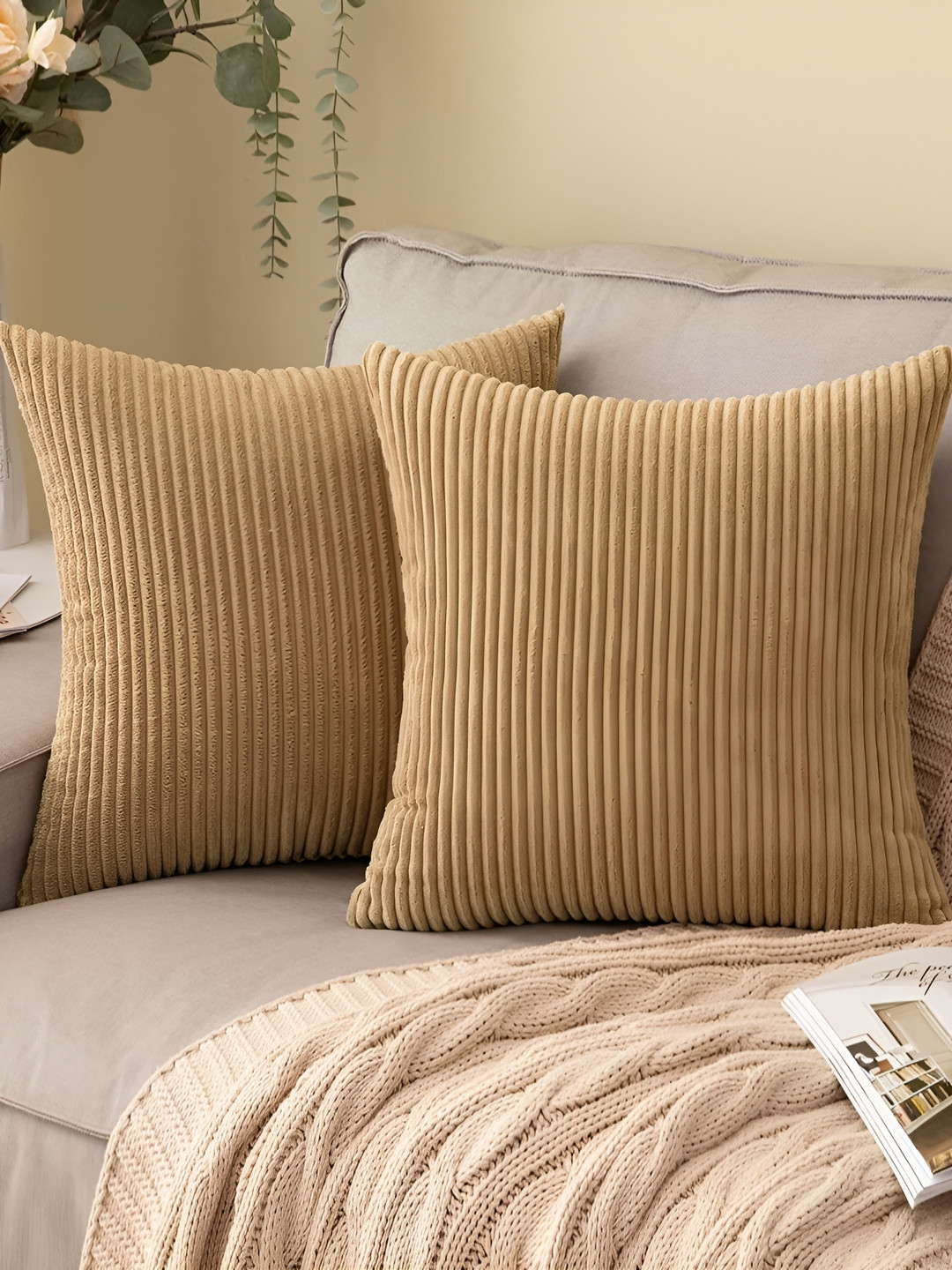 Vinayaka Fab Khaki 2 Pieces Striped Square Cushion Covers
