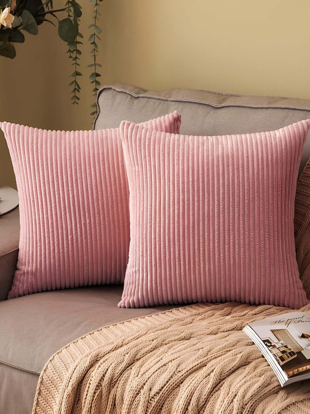 Vinayaka Fab Striped Soft Corduroy Washable 2 Pcs Textured Square Cushion Covers -16x16In