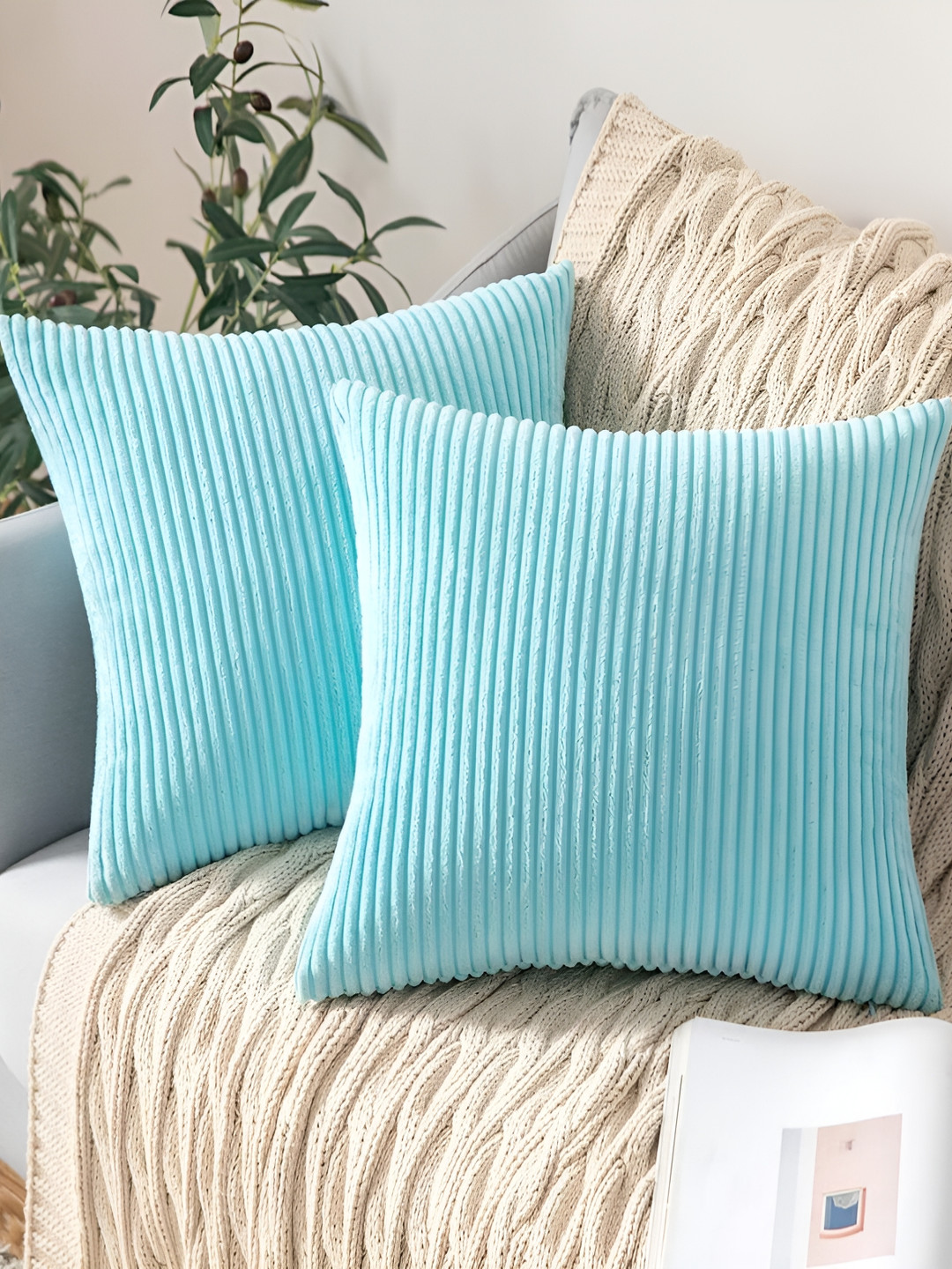 Vinayaka Fab Turquoise Blue 2 Pieces Striped Square Cushion Covers