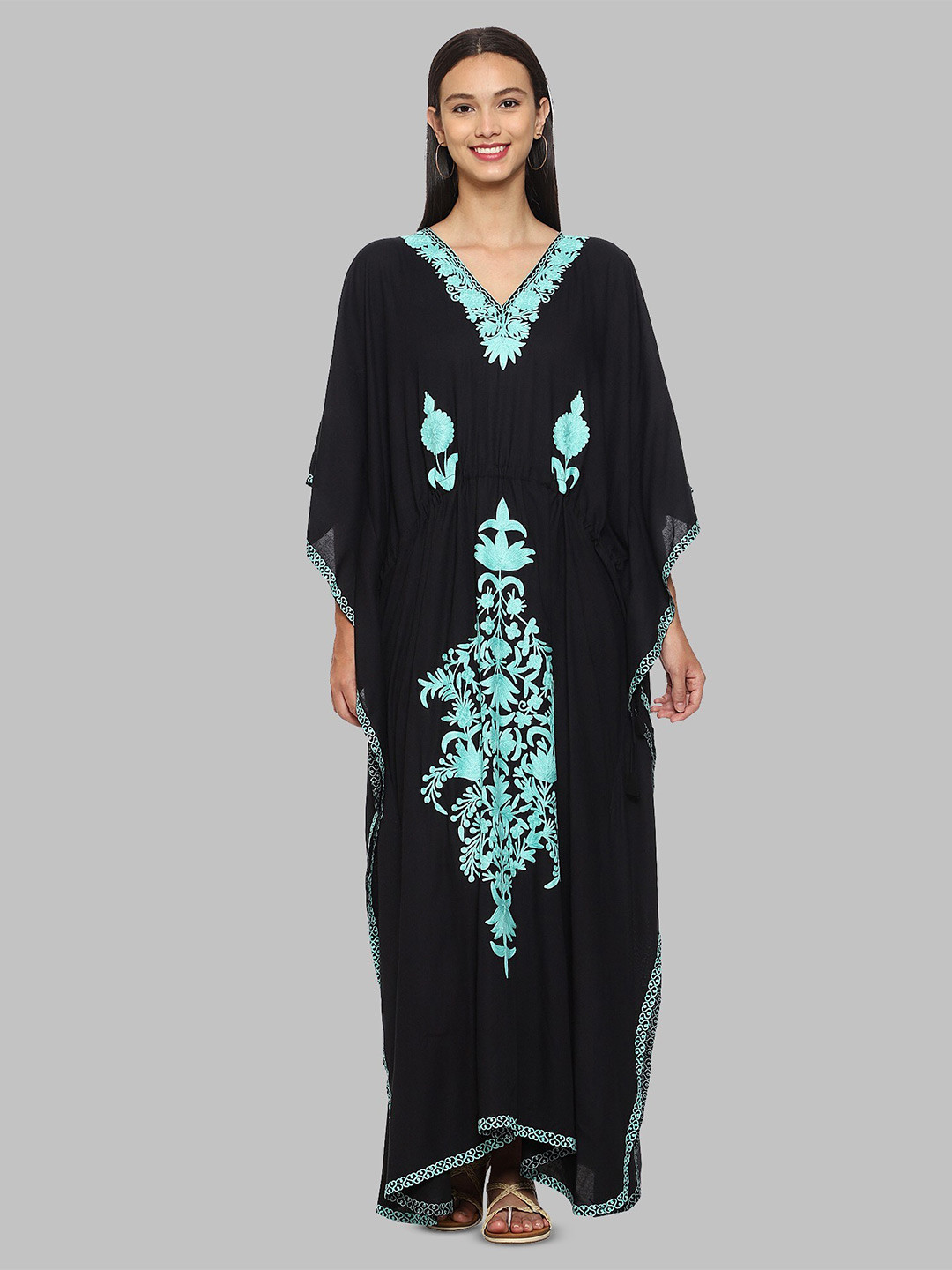 CRAFTBAZAR Embroidered Kimono Sleeves Kaftan Maxi Dress