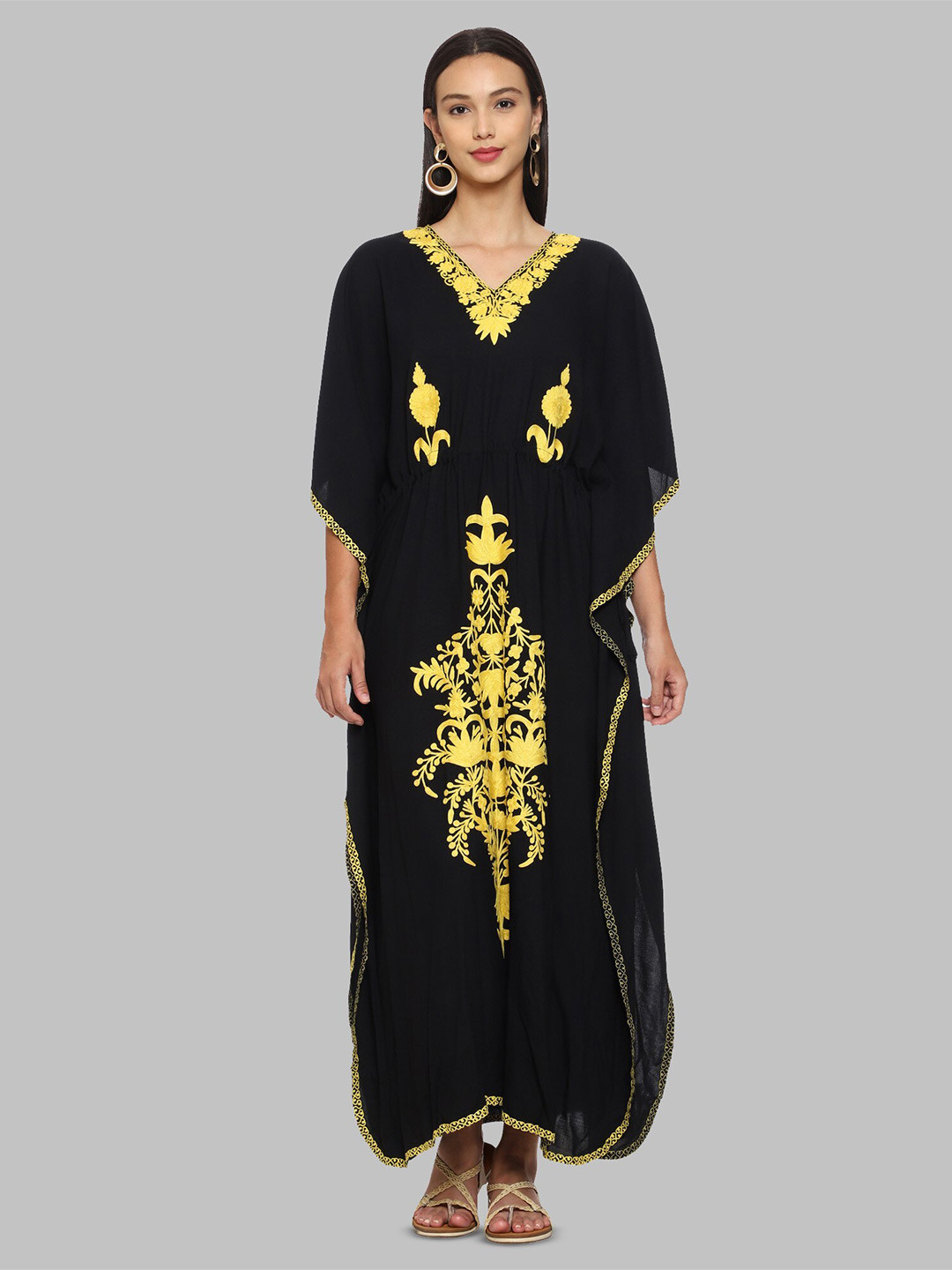 CRAFTBAZAR Embroidered Kimono Sleeves Kaftan Maxi Dress