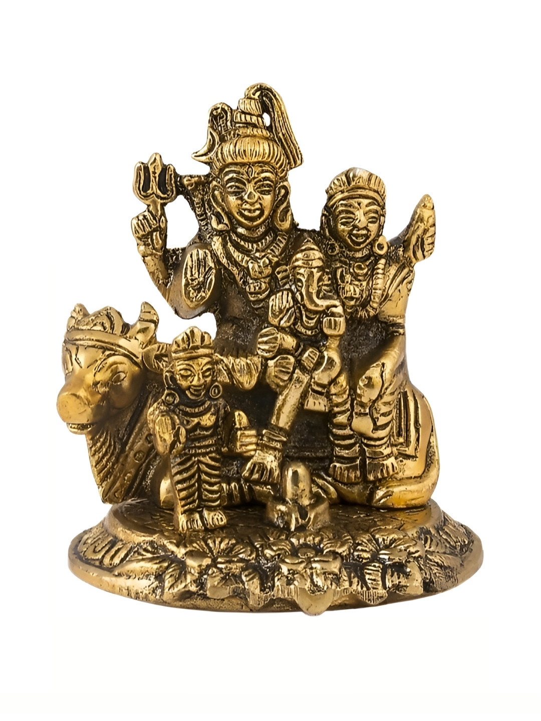 Navyaksh Shiv Parvati with Ganesh and Kartik Gold Metal Metallic Prayer Room Small Showpiece - 3.1 Inches