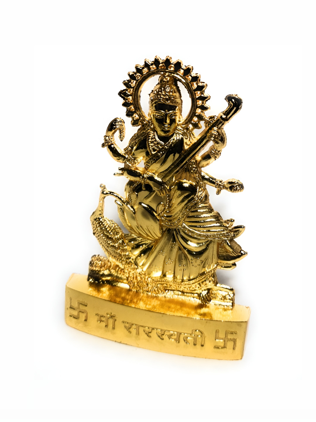 Navyaksh Maa Saraswati Vidya Devi Gold Metal Metallic Prayer Room Small Showpiece - 4.3 Inches