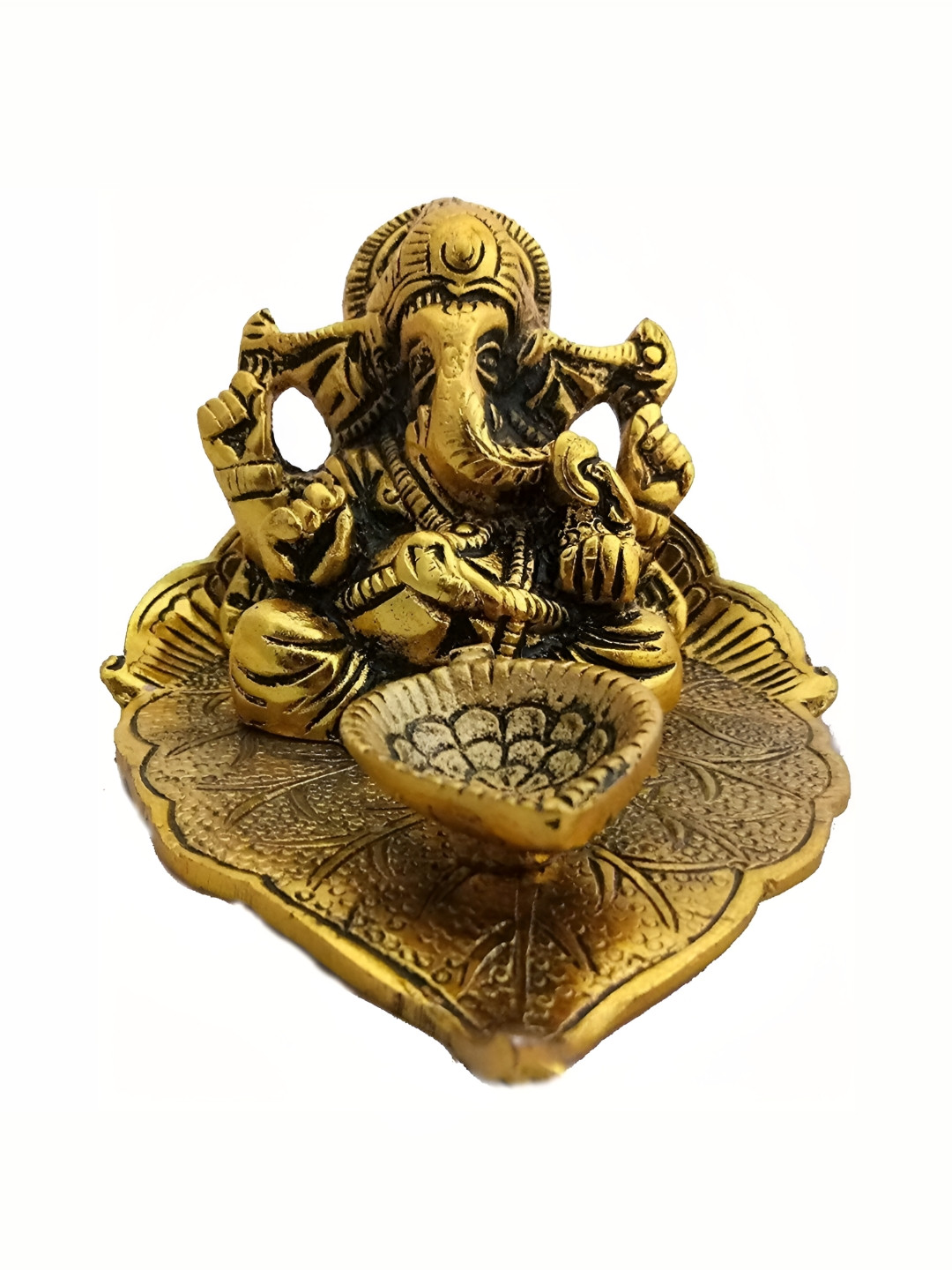 Navyaksh Lord Ganesh with Diya On Leaf Gold Metal Metallic Living Room Medium Showpiece - 3.1 Inches