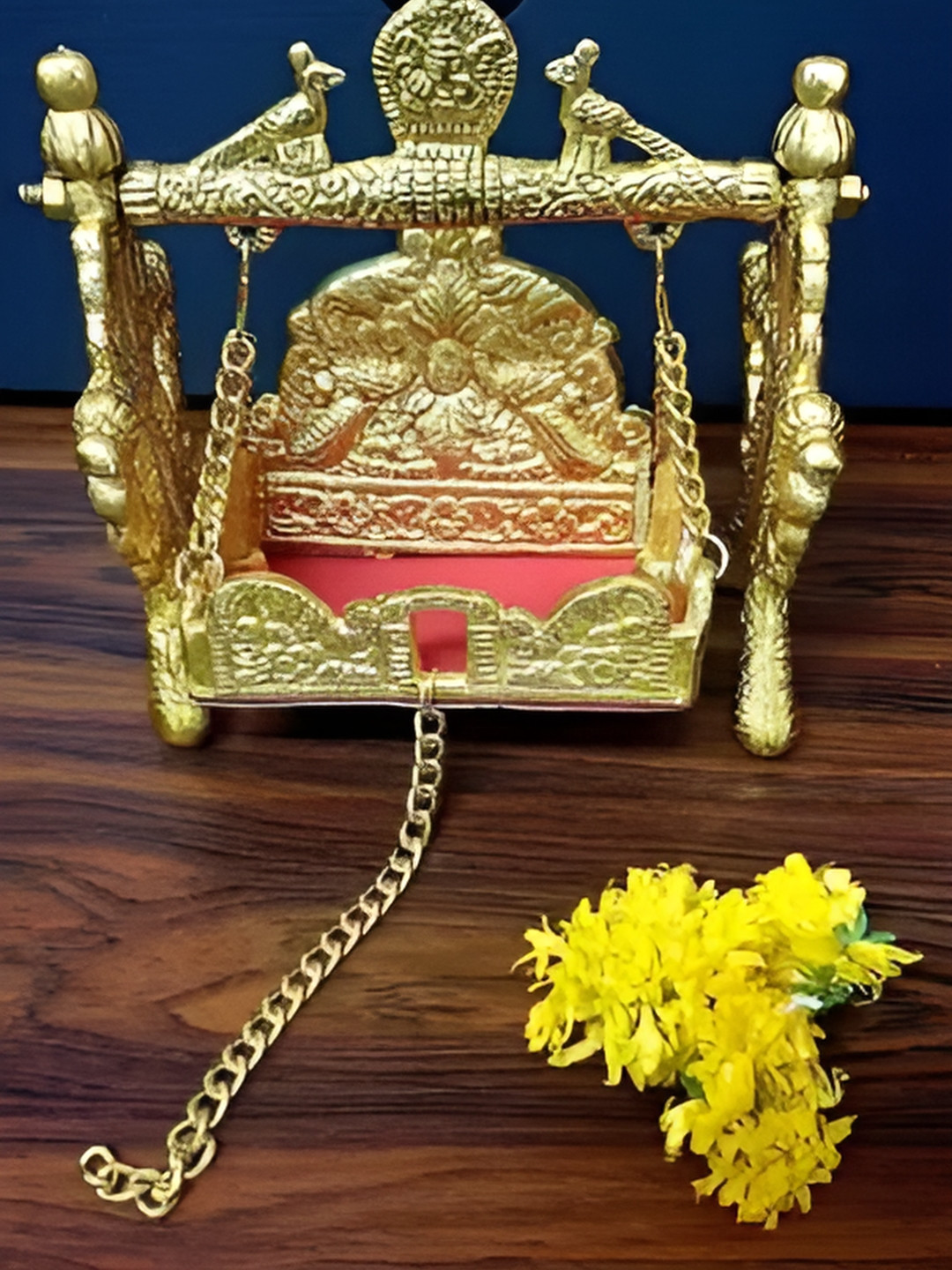 Navyaksh Laddu Gopal Jhula Gold Metal Metallic Prayer Room Small Showpiece - 3.1 Inches