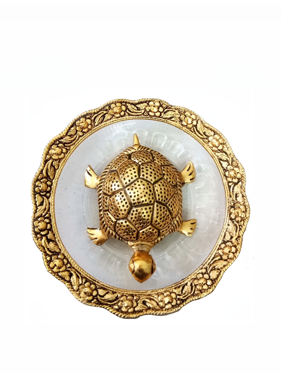 Navyaksh Turtle with Plate Gold Metal Metallic Living Room Set of 2 Small Showpieces - 3.1 Inches