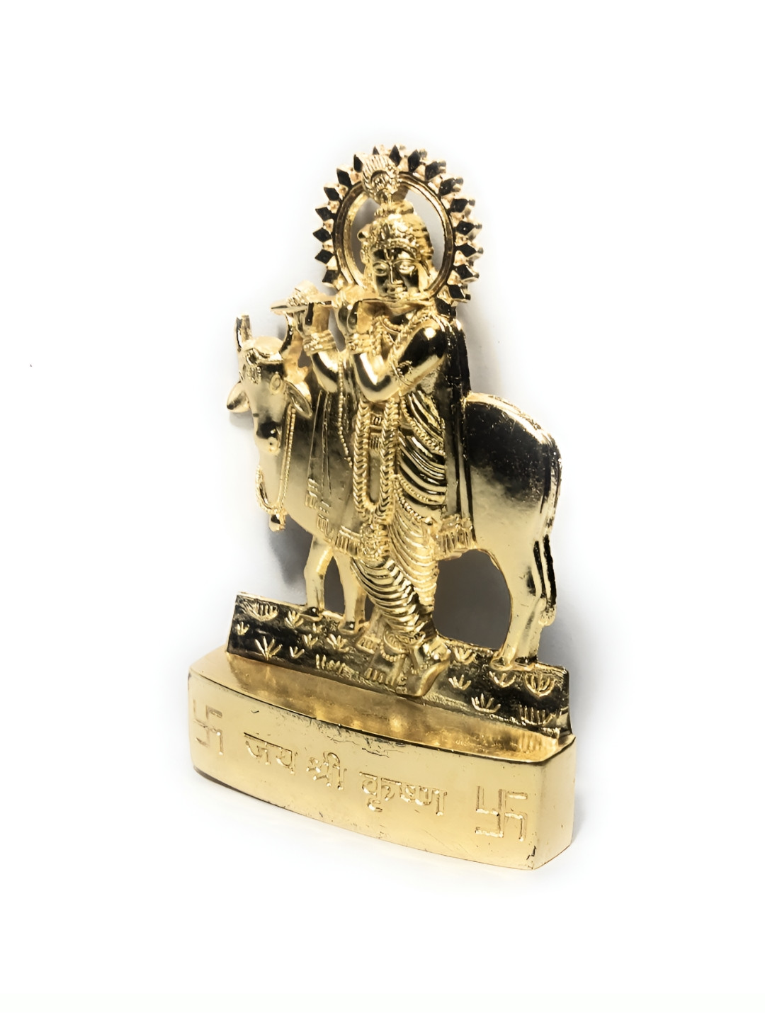 Navyaksh Lord Krishna Playing Flute Under Tree with Cow and Calf Gold Metal Metallic Prayer Room Small Showpiece - 0.5 Inches
